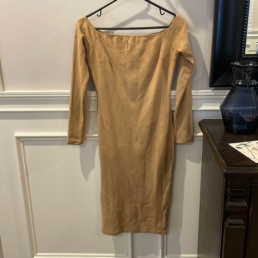 Camel suede off the shoulder dress
